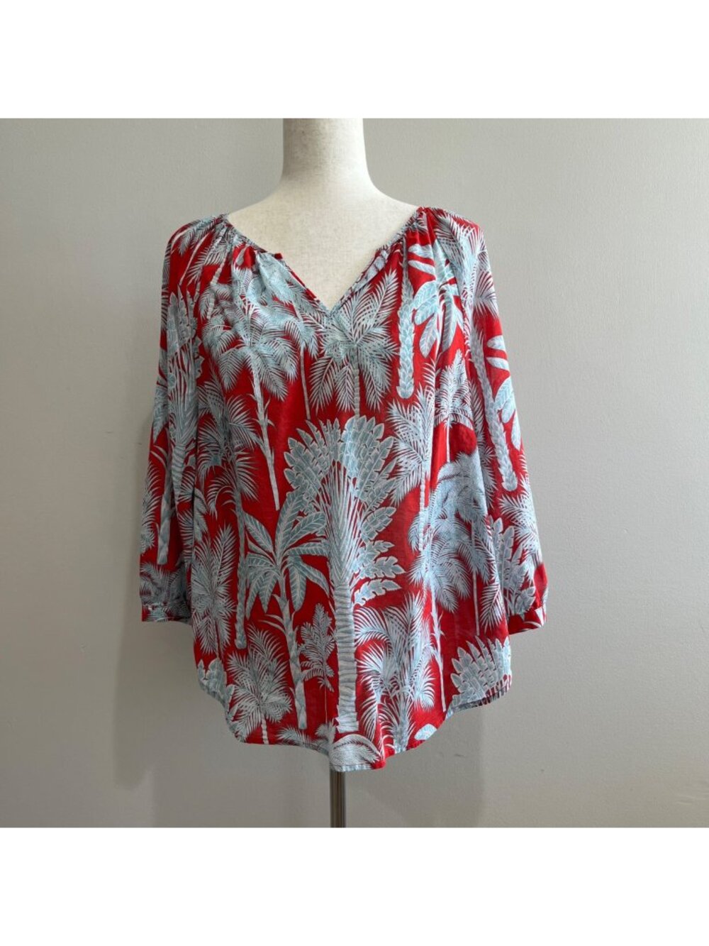 Talbots Palms Crinkle Gauze Popover Blouse Womens L Red Blue 3/4 Sleeve